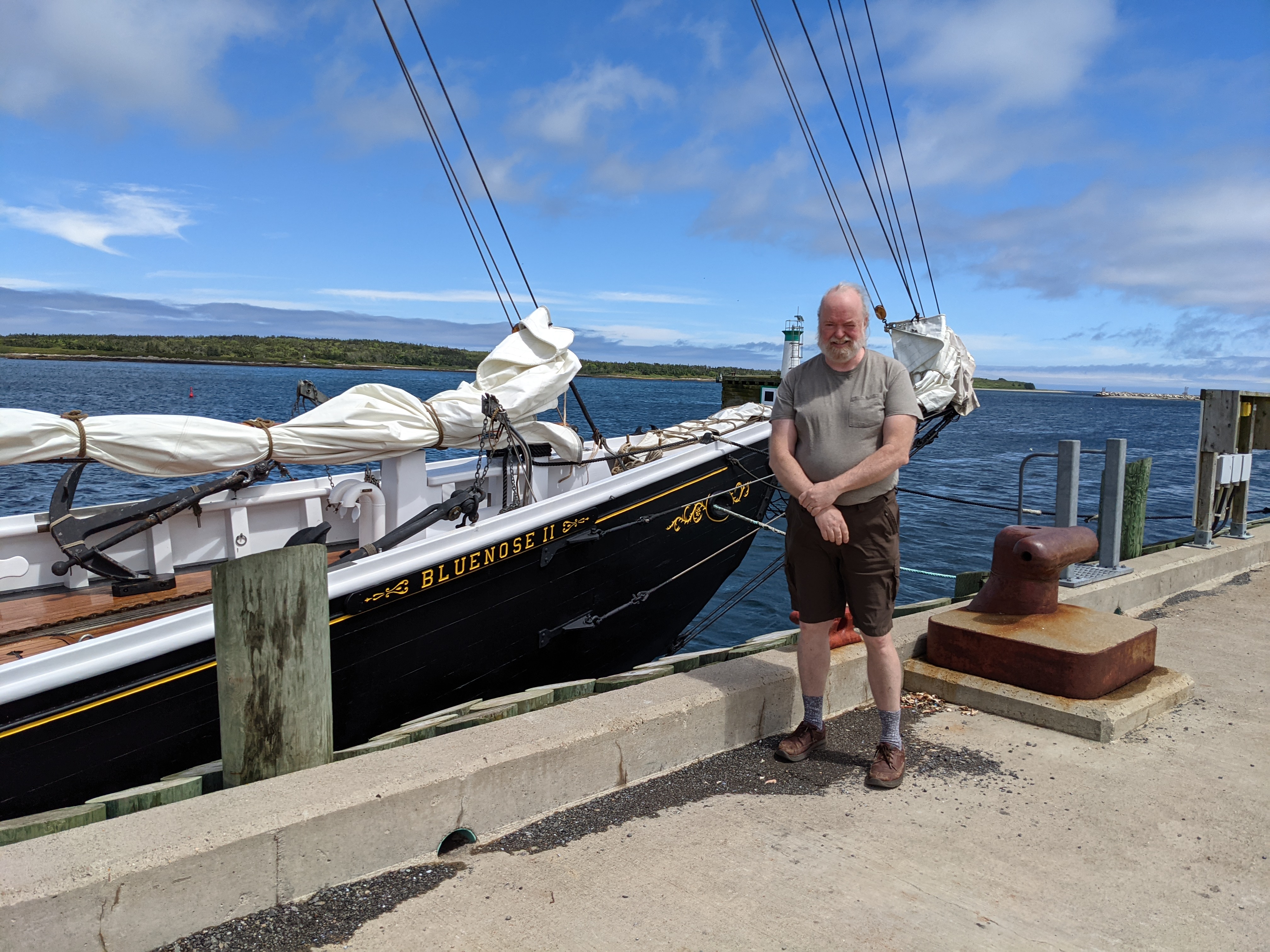 Stephen Franks at the dock with the Bluenose II in Canso harbour