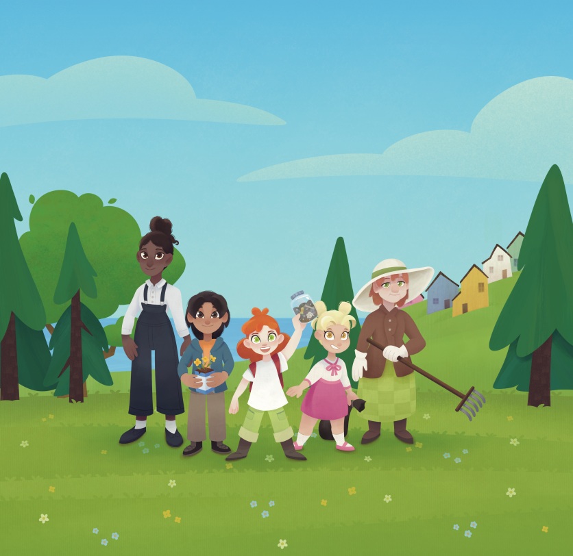 Seeds of Change cover art preview showing Mia and her Clean-Up Crew in a seaside Nova Scotia town